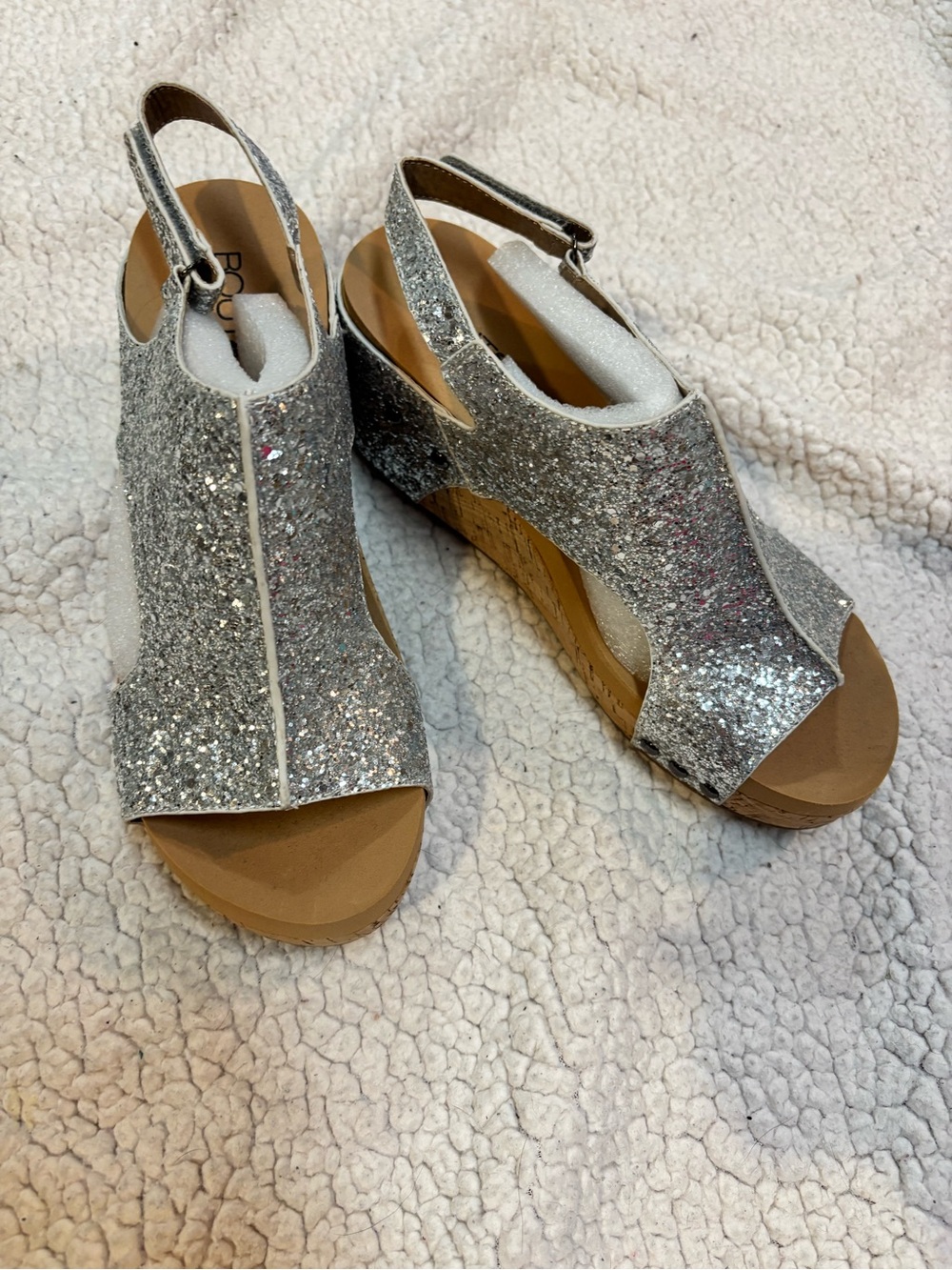 Corky Brand Women's Silver Glitter Wedge Sandals - Slingback Peep Toe